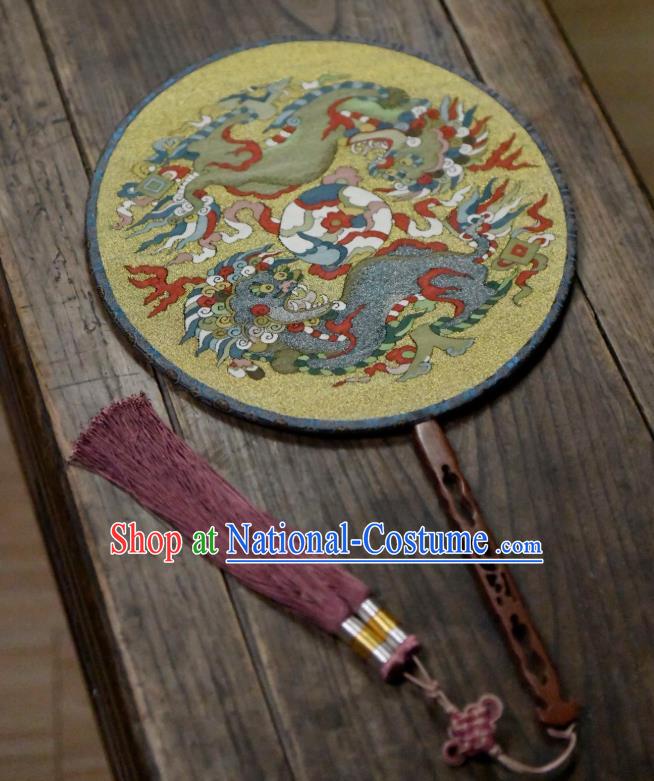 China Handmade Double Lions Pattern Palace Fan Traditional Yellow Silk Fan Ancient Ming Dynasty Court Circular Fan