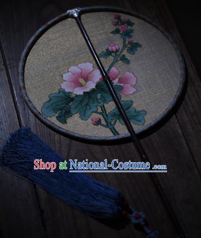 China Handmade Hollyhock Flowers Pattern Palace Fan Ancient Princess Court Fan Traditional Beige Silk Circular Fan