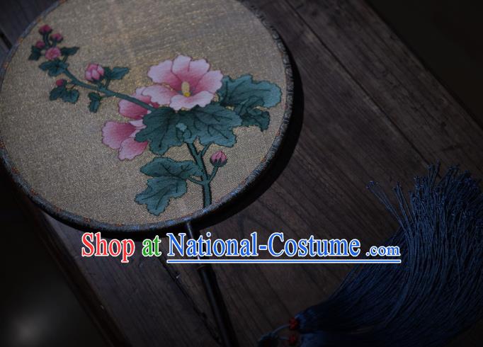 China Handmade Hollyhock Flowers Pattern Palace Fan Ancient Princess Court Fan Traditional Beige Silk Circular Fan