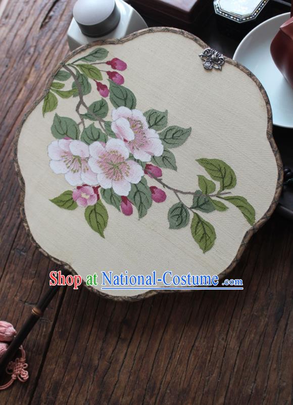 China Traditional Beige Silk Fan Handmade Begonia Pattern Palace Fan Ancient Song Dynasty Princess Court Fan