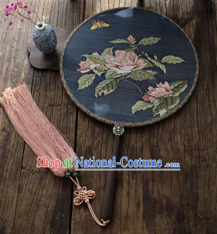 China Handmade Camellia Pattern Palace Fan Ancient Song Dynasty Princess Circular Fan Traditional Navy Silk Fan