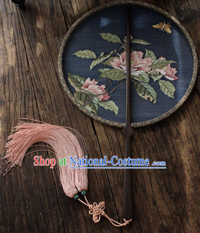 China Handmade Camellia Pattern Palace Fan Ancient Song Dynasty Princess Circular Fan Traditional Navy Silk Fan