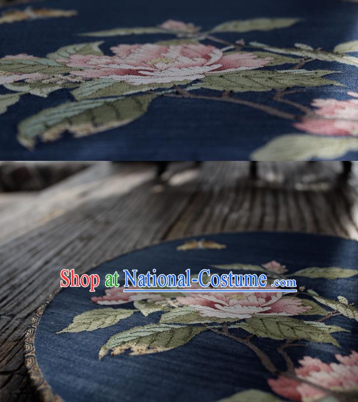 China Handmade Camellia Pattern Palace Fan Ancient Song Dynasty Princess Circular Fan Traditional Navy Silk Fan