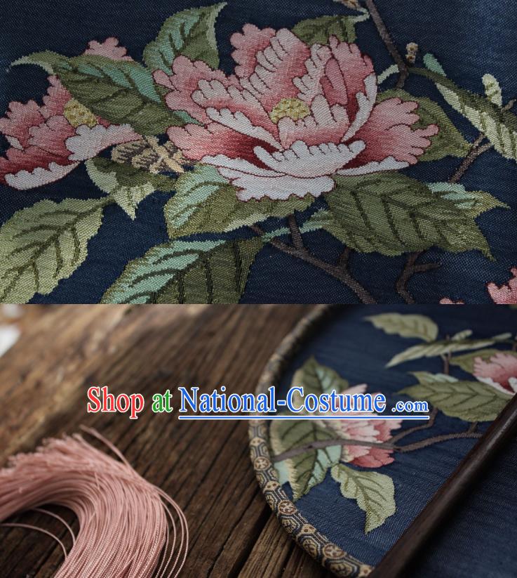 China Handmade Camellia Pattern Palace Fan Ancient Song Dynasty Princess Circular Fan Traditional Navy Silk Fan