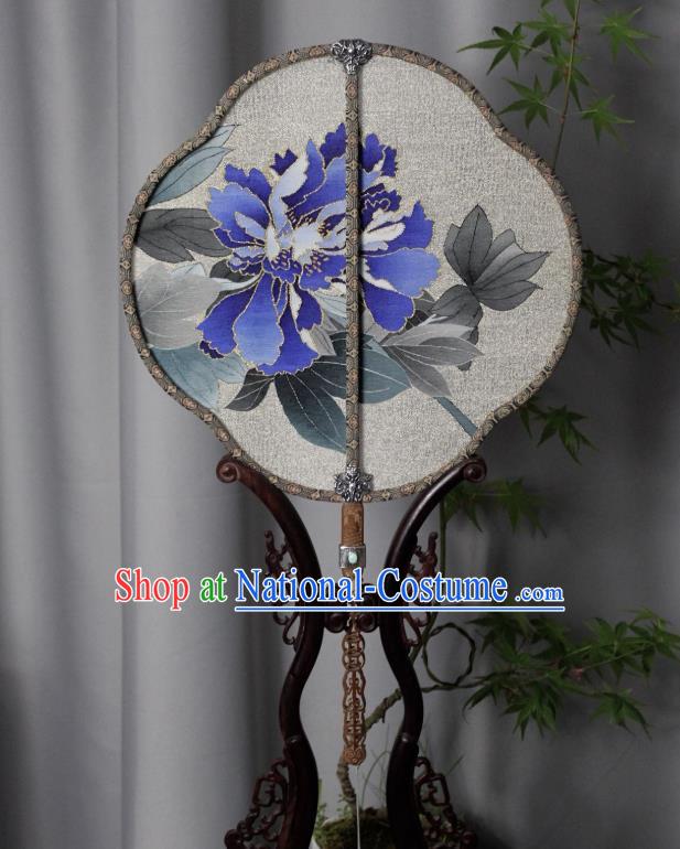 China Handmade Blue Peony Pattern Silk Fan Ancient Song Dynasty Princess Palace Fan Traditional Dance Fan