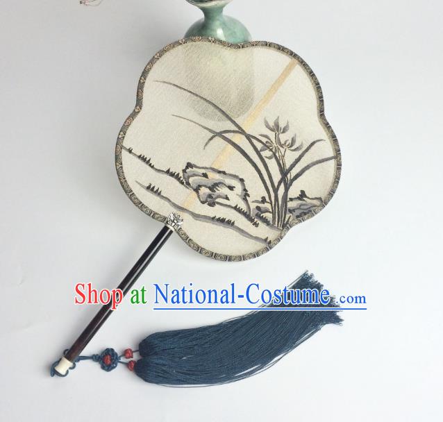 China Handmade Ink Orchids Pattern Silk Fan Ancient Song Dynasty Princess Palace Fan Traditional Dance Plum Fan