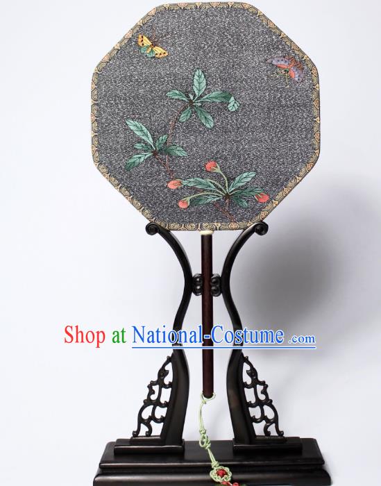 China Traditional Octagon Fan Handmade Butterfly Flower Pattern Black Silk Fan Ancient Court Beauty Palace Fan