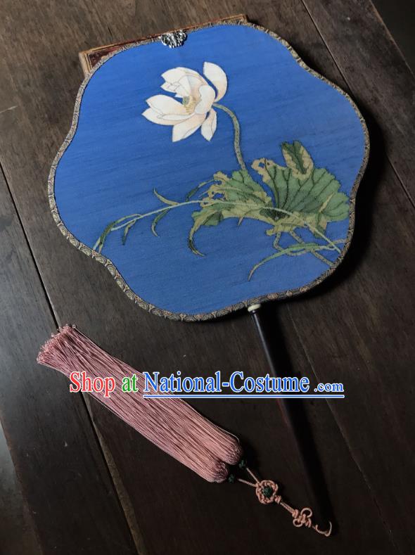 China Ancient Song Dynasty Court Beauty Fan Traditional Lotus Pattern Blue Silk Fan Handmade Palace Fan