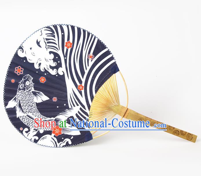 Asian Japan Printing Carp Navy Paper Fan Classical Dance Fan Handmade Ceremony Bamboo Fans