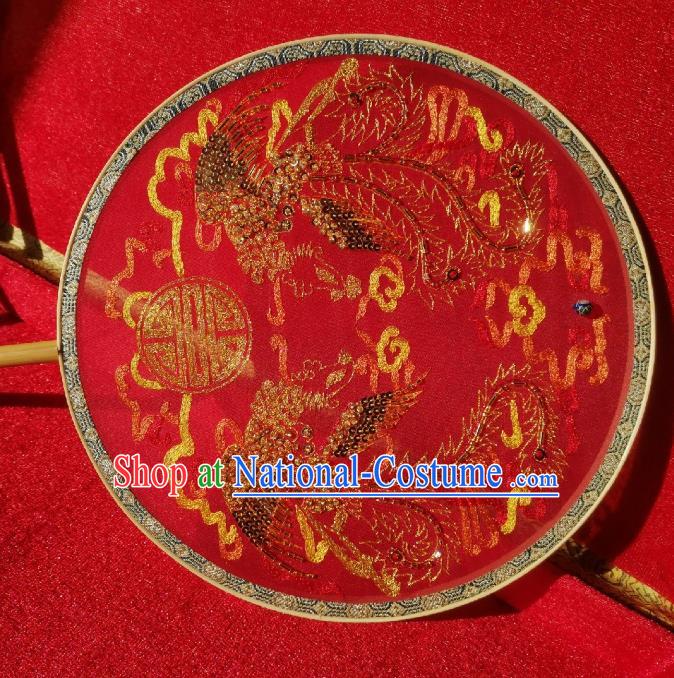 China Traditional Wedding Red Silk Fan Handmade Palace Fan Bride Embroidered Sequins Phoenix Circular Fan