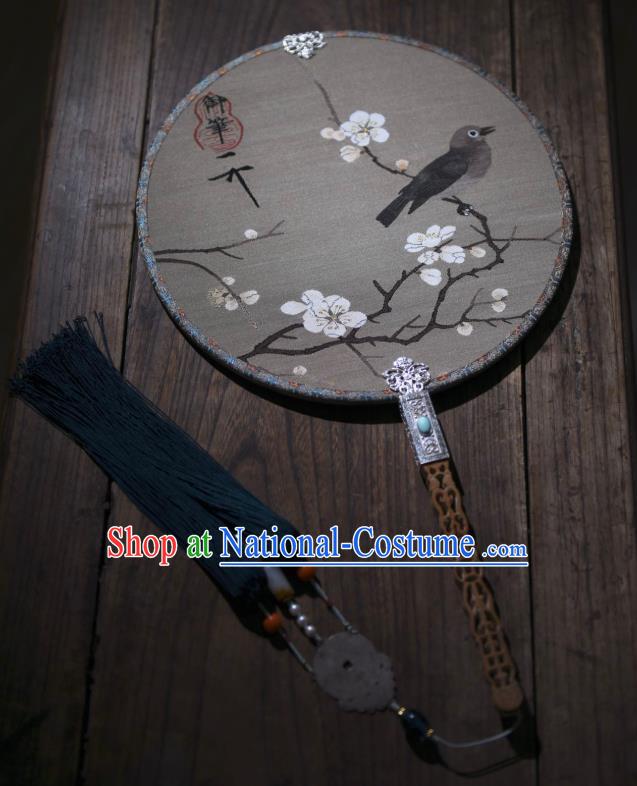 China Traditional Plum Blossom Pattern Silk Fan Handmade Palace Fan Ancient Song Dynasty Court Circular Fan