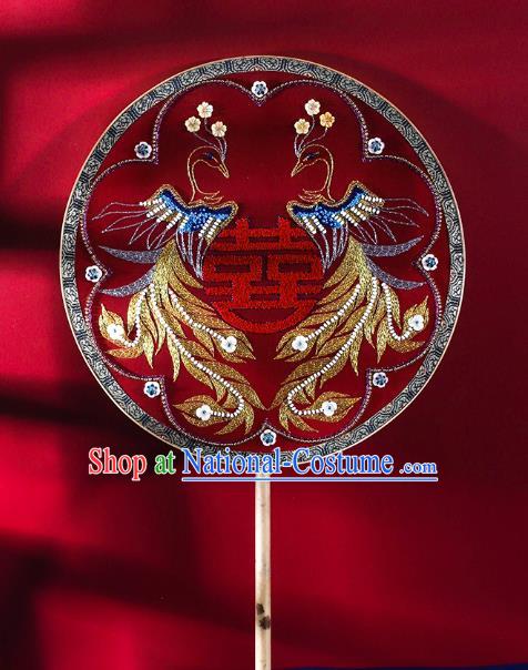 China Embroidered Sequins Phoenix Fan Handmade Bride Palace Fan Traditional Xiuhe Suit Red Silk Circular Fan