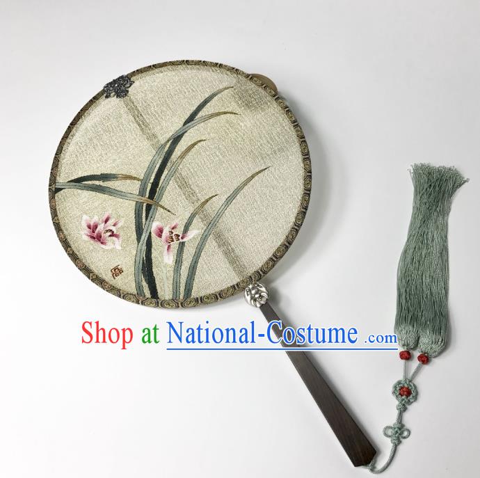 China Ancient Song Dynasty Circular Fan Traditional Orchids Pattern Silk Fan Handmade Beige Palace Fan