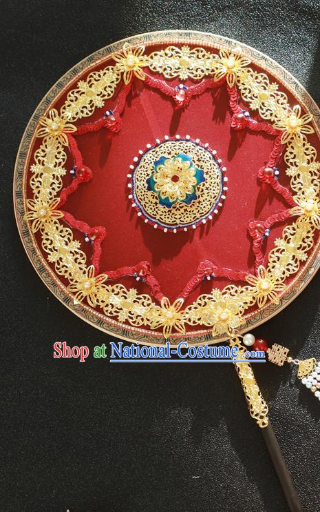 China Wedding Fan Handmade Bride Palace Fan Traditional Xiuhe Suit Red Silk Circular Fan