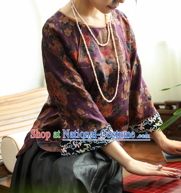 China Purple Gambiered Guangdong Gauze Upper Outer Garment Traditional Women Tang Suit Shirt