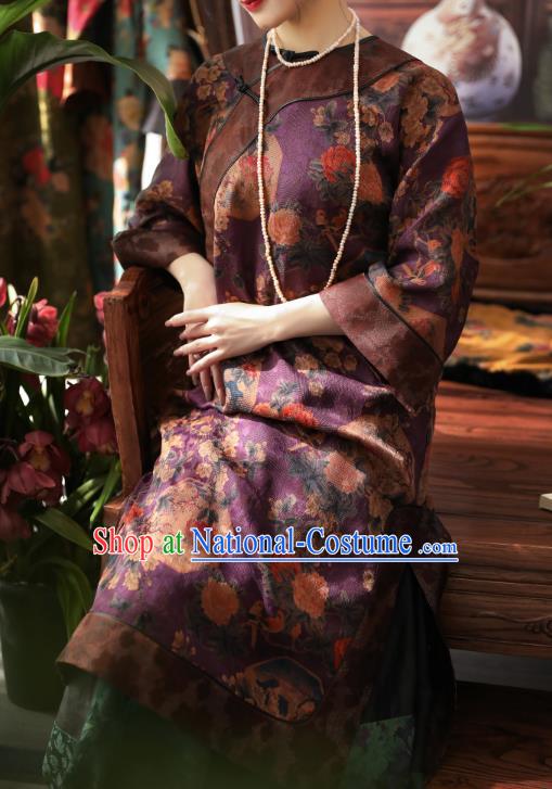 Asian Chinese Traditional Qing Dynasty Woman Qipao Dress Classical Purple Gambiered Guangdong Gauze Cheongsam