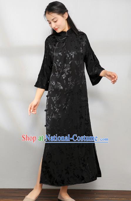 Asian Chinese Classical Black Silk Cheongsam National Shanghai Beauty Clothing Traditional Jacquard Qipao Dress