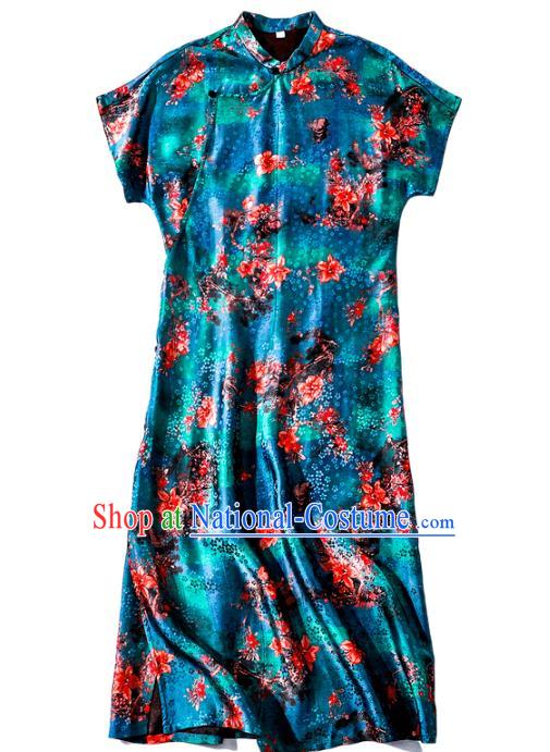 Asian Chinese Traditional Printing Blue Qipao Dress Classical Silk Cheongsam National Woman Clothing