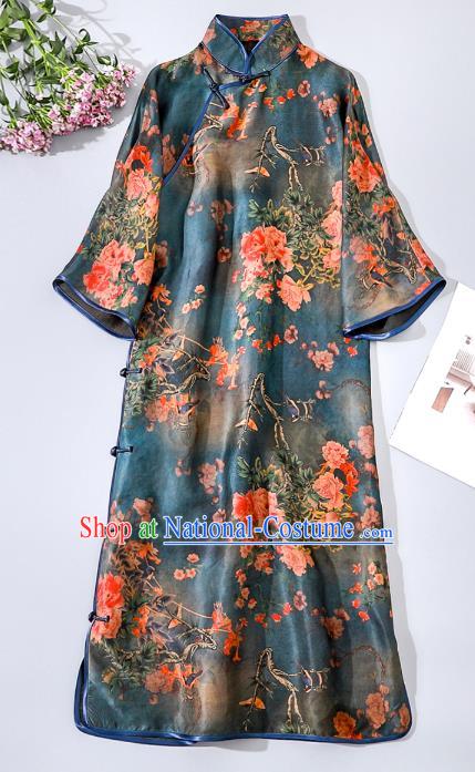 Asian Chinese Classical Silk Cheongsam National Woman Clothing Traditional Printing Blue Qipao Dress