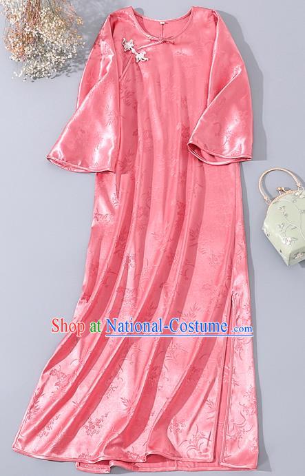 Asian Chinese Classical Pink Silk Cheongsam Traditional Slant Opening Qipao Dress National Woman Clothing