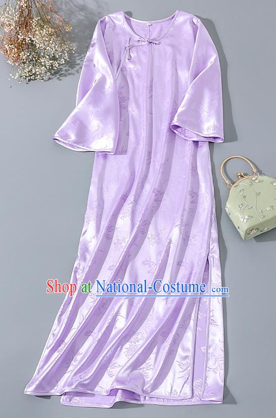 Asian Chinese National Shanghai Woman Clothing Classical Lilac Silk Cheongsam Traditional Slant Opening Qipao Dress