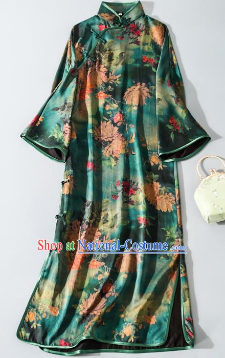 Asian Chinese Classical Green Silk Cheongsam Traditional Printing Qipao Dress National Shanghai Beauty Clothing