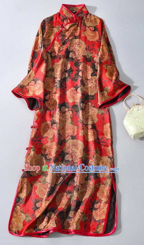 Asian Chinese Traditional Printing Peony Qipao Dress National Shanghai Beauty Clothing Classical Red Silk Cheongsam