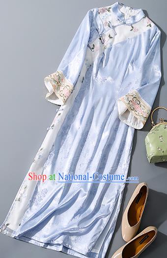 Asian Chinese Classical Light Blue Silk Cheongsam Traditional Embroidered Qipao Dress National Clothing