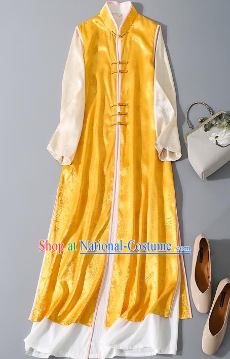 Asian Chinese Classical Yellow Cheongsam Traditional Tang Suit Qipao Dress National Woman Clothing