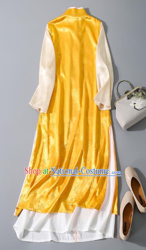 Asian Chinese Classical Yellow Cheongsam Traditional Tang Suit Qipao Dress National Woman Clothing