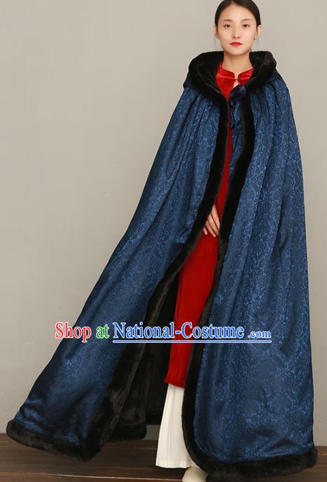 Chinese Traditional Winter Costume National Women Navy Silk Cape Cotton Wadded Cloak