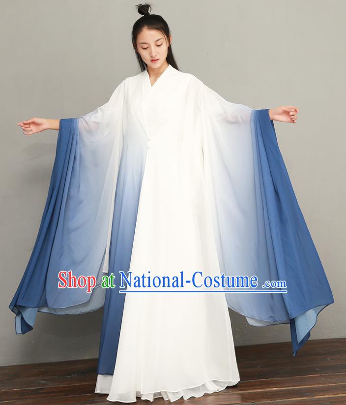 Asian Chinese National Zen Clothing Classical Three Pieces Costumes Traditional Tang Suit Blue Chiffon Dress