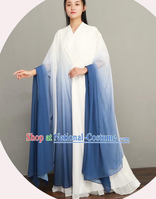 Asian Chinese National Zen Clothing Classical Three Pieces Costumes Traditional Tang Suit Blue Chiffon Dress