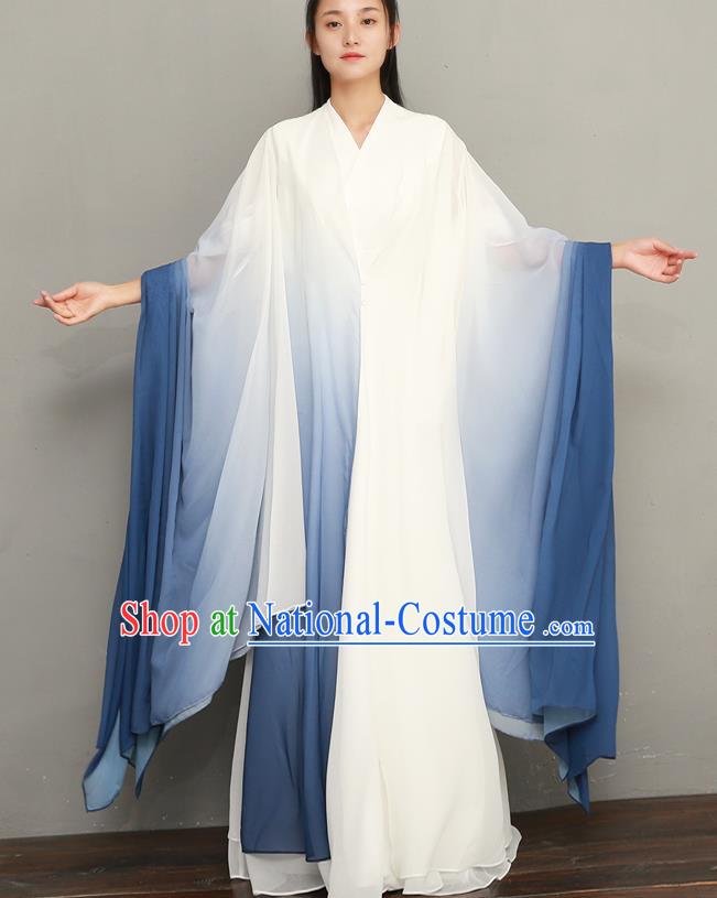 Asian Chinese National Zen Clothing Classical Three Pieces Costumes Traditional Tang Suit Blue Chiffon Dress