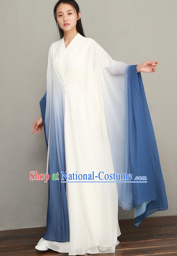 Asian Chinese National Zen Clothing Classical Three Pieces Costumes Traditional Tang Suit Blue Chiffon Dress