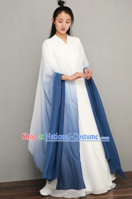 Asian Chinese National Zen Clothing Classical Three Pieces Costumes Traditional Tang Suit Blue Chiffon Dress