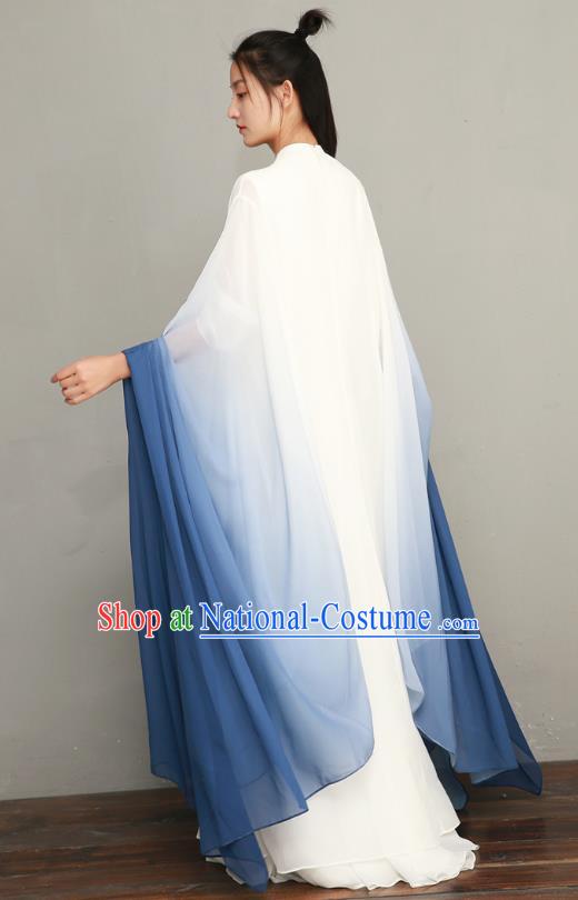 Asian Chinese National Zen Clothing Classical Three Pieces Costumes Traditional Tang Suit Blue Chiffon Dress