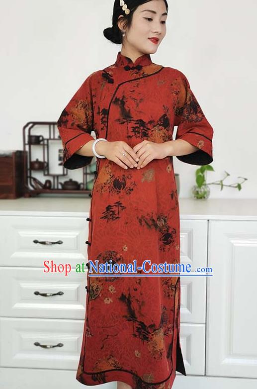 Asian Chinese Traditional Tang Suit Red Silk Qipao Dress Classical Shanghai Beauty Costume