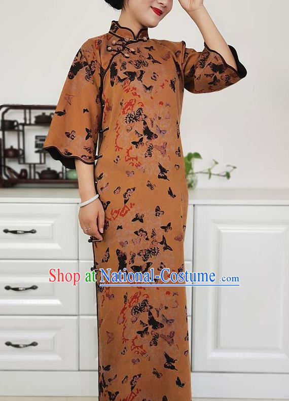 Asian Chinese Traditional Ginger Silk Qipao Dress Classical Butterfly Pattern Cheongsam Costume