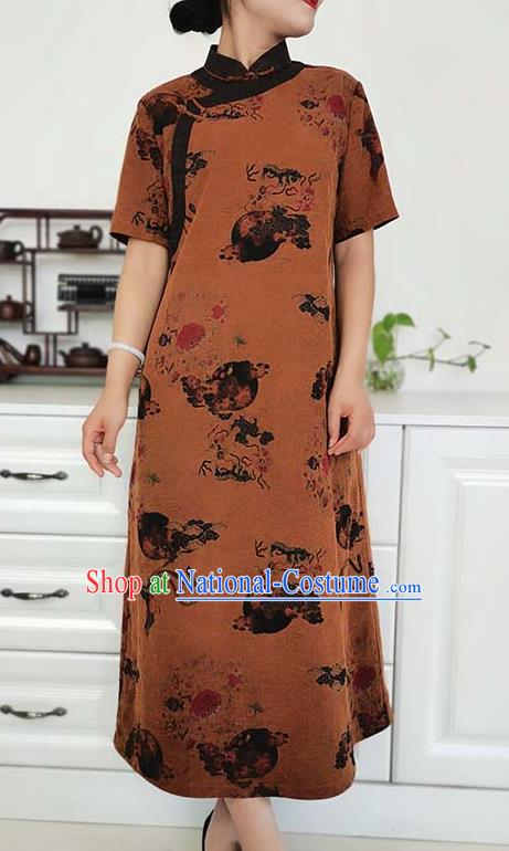 Asian Chinese Classical Cheongsam Costume Traditional Brown Silk Qipao Dress