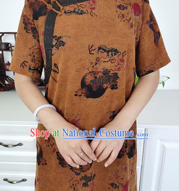 Asian Chinese Classical Cheongsam Costume Traditional Brown Silk Qipao Dress