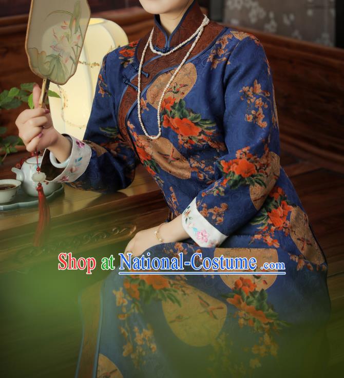 Asian Chinese Classical Gambiered Guangdong Gauze Cheongsam Traditional Young Beauty Royalblue Silk Qipao Dress