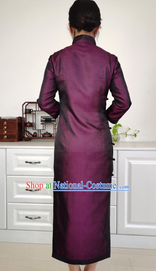 Asian Chinese Classical Elderly Woman Cheongsam Costume Traditional Mother Purple Silk Qipao Dress