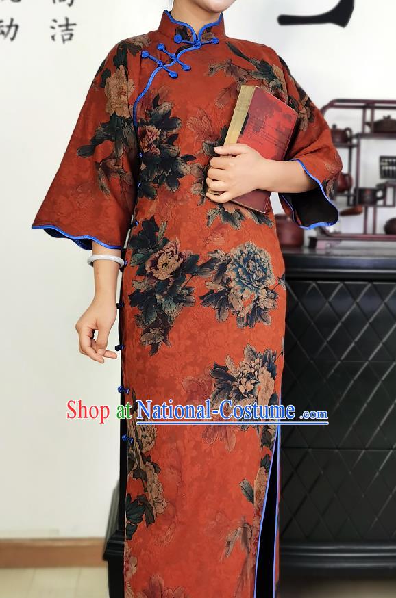 Asian Chinese Traditional Printing Peony Red Silk Qipao Dress Classical Young Mistress Cheongsam Costume