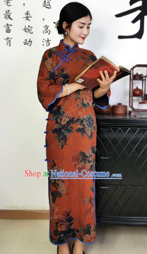 Asian Chinese Traditional Printing Peony Red Silk Qipao Dress Classical Young Mistress Cheongsam Costume