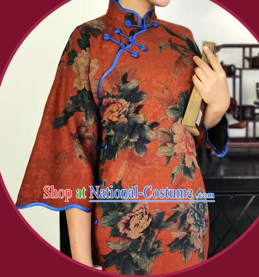 Asian Chinese Traditional Printing Peony Red Silk Qipao Dress Classical Young Mistress Cheongsam Costume