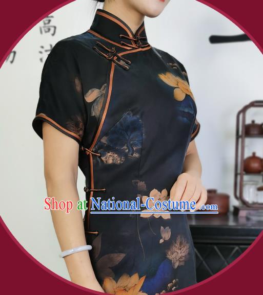 Asian Chinese Classical Young Mistress Cheongsam Costume Traditional Printing Lotus Navy Silk Qipao Dress