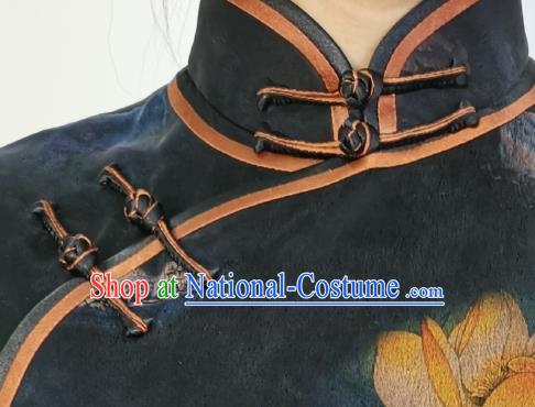 Asian Chinese Classical Young Mistress Cheongsam Costume Traditional Printing Lotus Navy Silk Qipao Dress