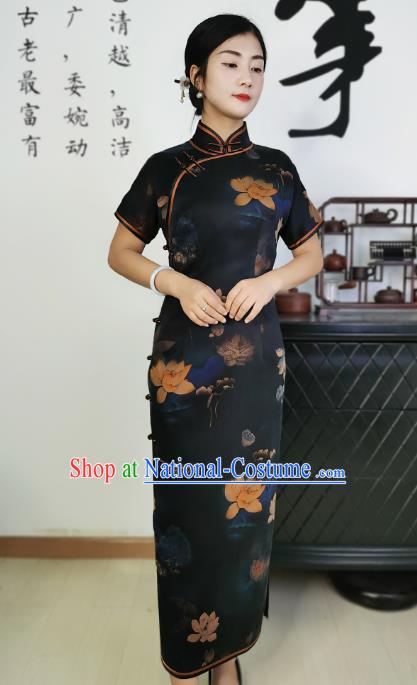 Asian Chinese Classical Young Mistress Cheongsam Costume Traditional Printing Lotus Navy Silk Qipao Dress