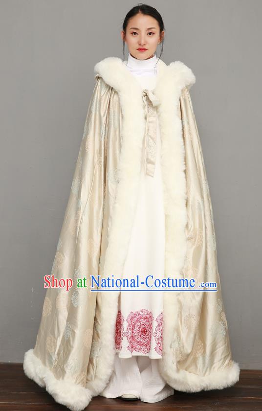 Chinese Traditional Winter Costume National Women Light Golden Silk Cape Ancient Princess Cotton Wadded Cloak